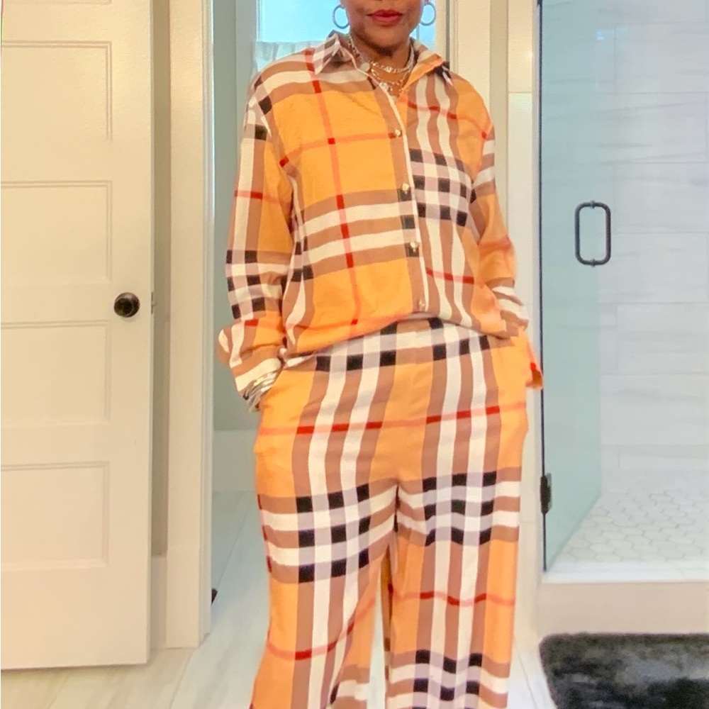 Checked Wide-Leg Pants & Shirt Set - Women